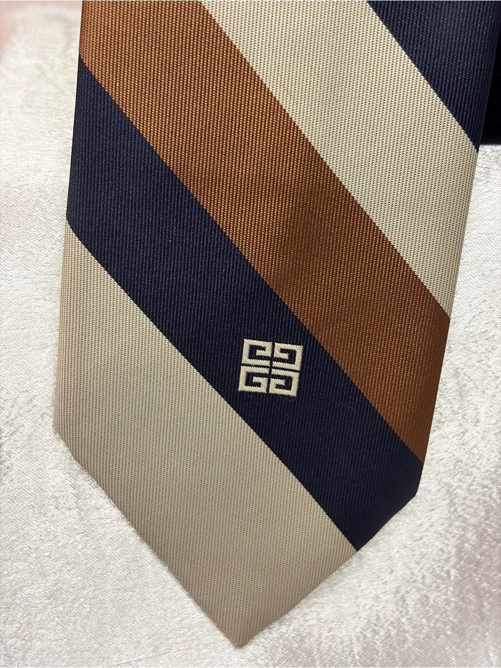 Women’s Tie- Givenchy Navy Blue Brown Cream Striped Silk - Picture 4 of 6
